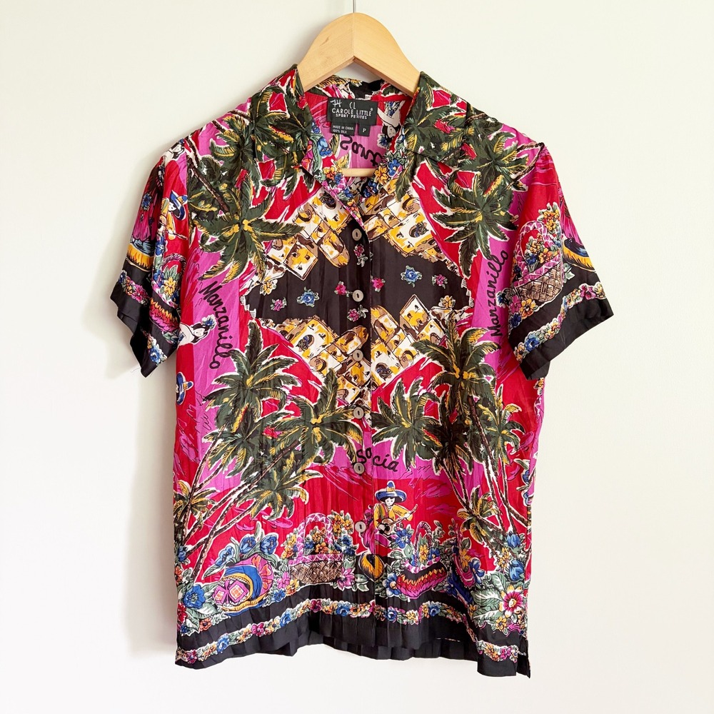Carole Little Petites Silk Tropical Palm Tree Button Down Shirt Petite Small VTG